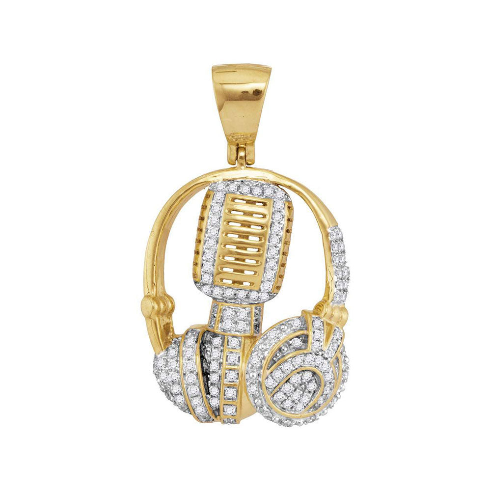 10kt Yellow Gold Men's Diamond Mic Headphone DJ Music Charm Pendant 1 ctw