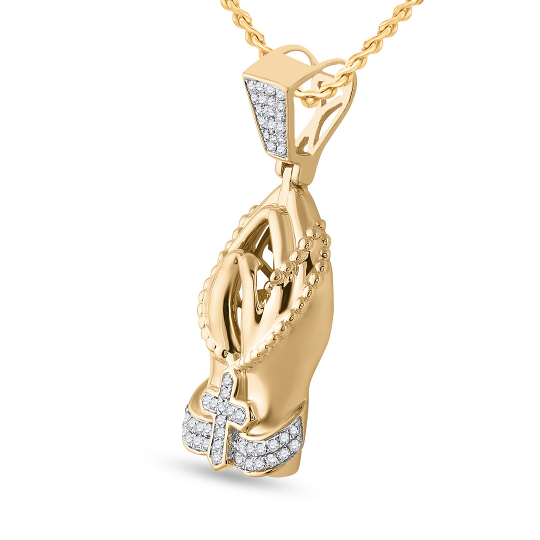 10kt Yellow Gold Men's Diamond Rosary Praying Hands Charm Pendant 1/4 ctw