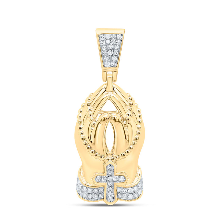 10kt Yellow Gold Men's Diamond Rosary Praying Hands Charm Pendant 1/4 ctw - view 2