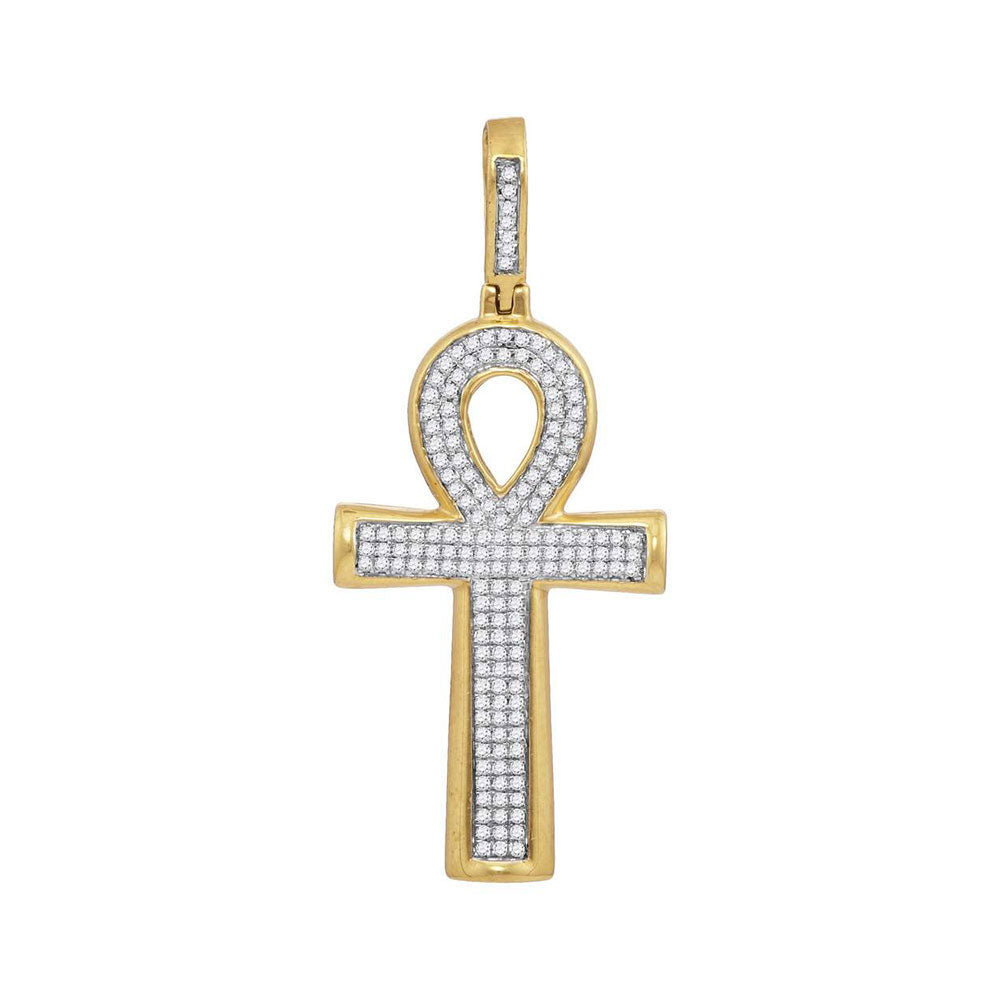 10kt Yellow Gold Men's Diamond Ankh Cross Charm Pendant 1/3 ctw