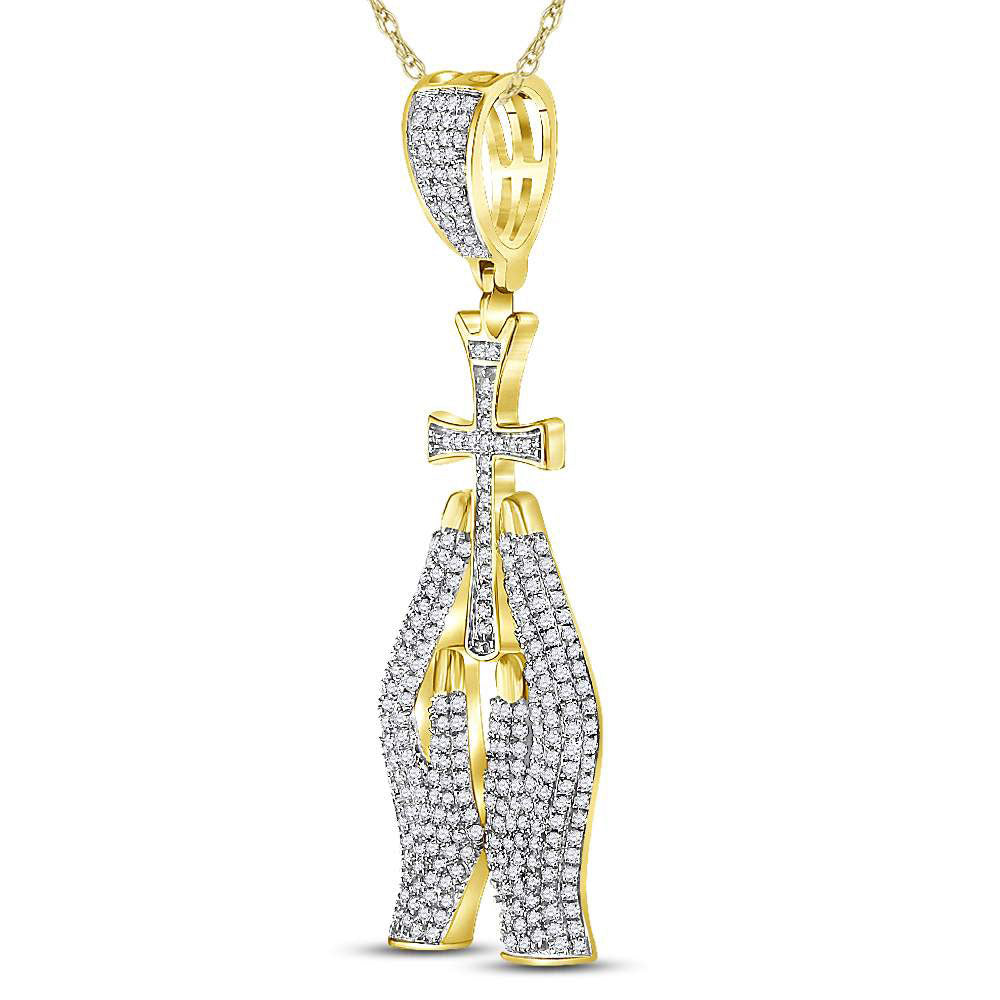 10kt Yellow Gold Men's Diamond Praying Hands Cross Charm Pendant 7/8 ctw