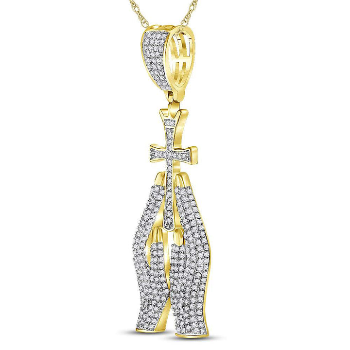 10kt Yellow Gold Men's Diamond Praying Hands Cross Charm Pendant 7/8 ctw