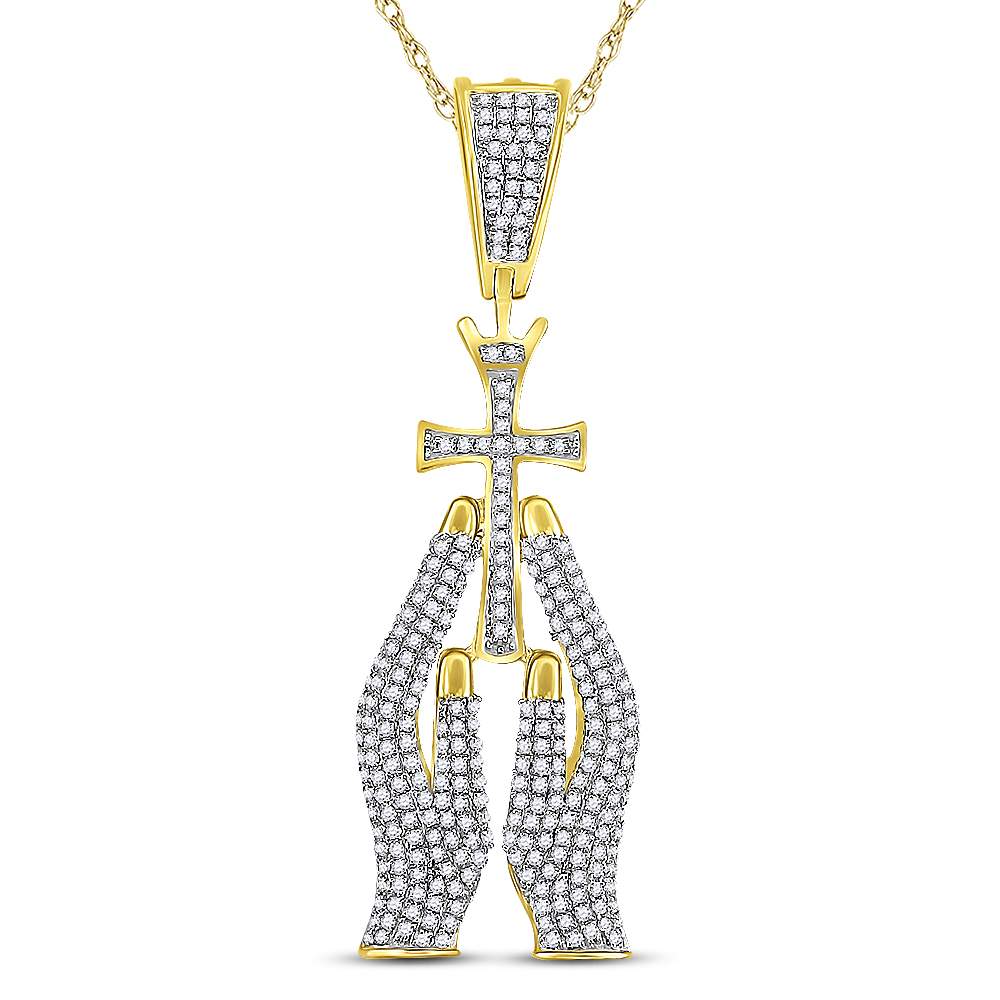 10kt Yellow Gold Men's Diamond Praying Hands Cross Charm Pendant 7/8 ctw - view 2