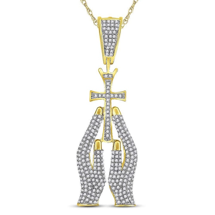 10kt Yellow Gold Men's Diamond Praying Hands Cross Charm Pendant 7/8 ctw - view 2