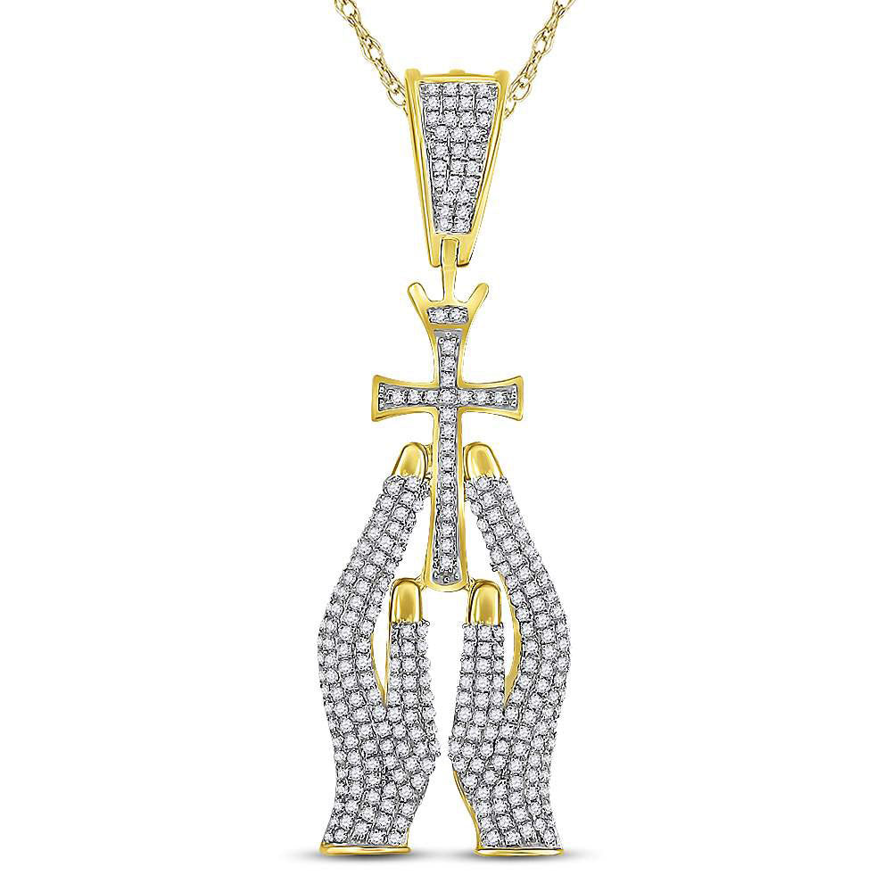 10kt Yellow Gold Men's Diamond Praying Hands Cross Charm Pendant 7/8 ctw - view 3