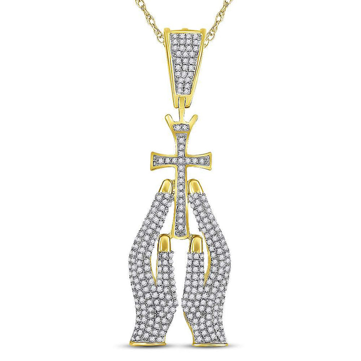 10kt Yellow Gold Men's Diamond Praying Hands Cross Charm Pendant 7/8 ctw - view 3