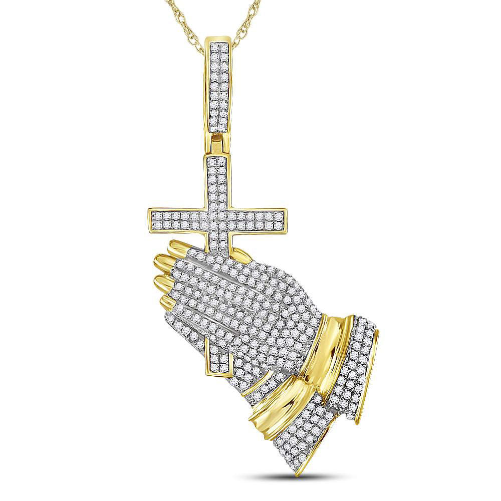 10kt Yellow Gold Men's Diamond Praying Hands Cross Charm Pendant 7/8 ctw - view 3