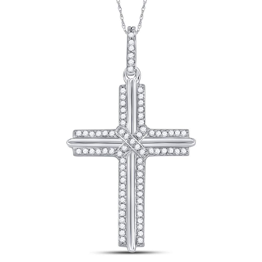 10kt White Gold Men's Round Diamond Cross Charm Pendant 1/5 ctw
