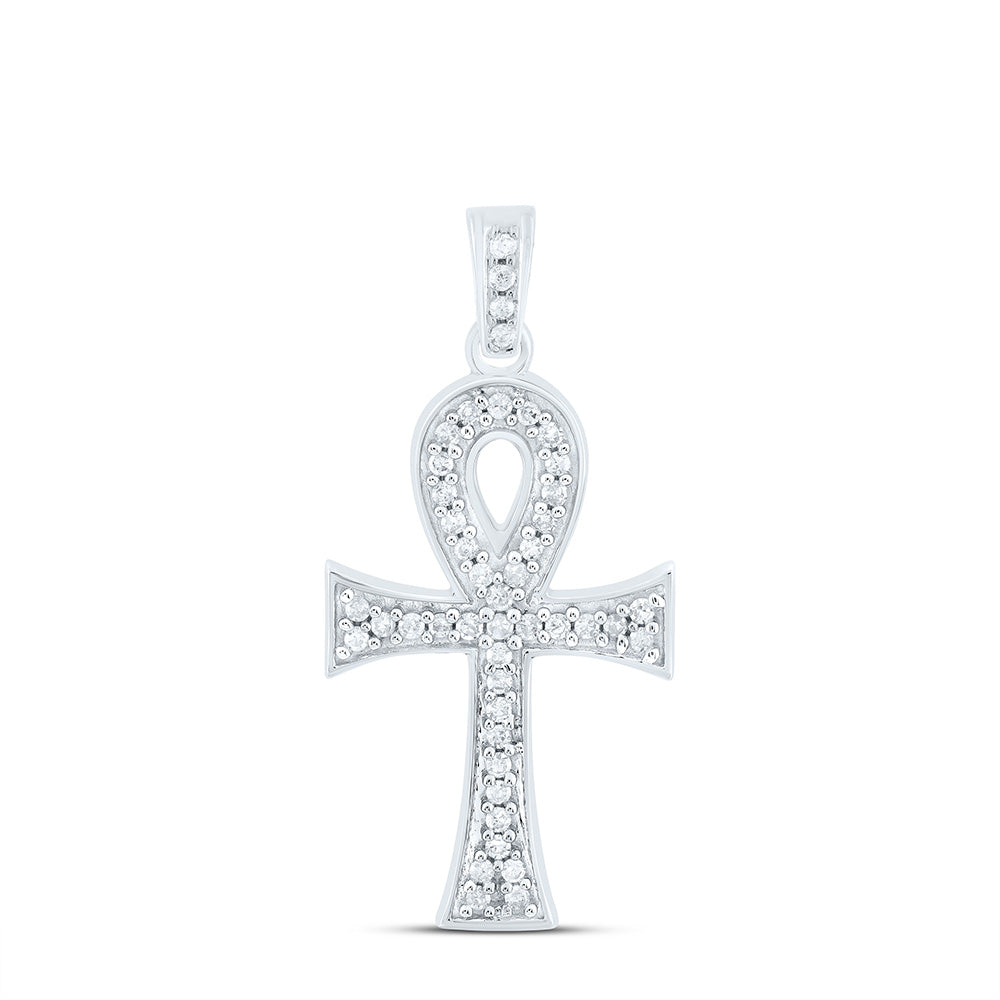 10kt White Gold Men's Diamond Ankh Cross Charm Pendant 1/5 ctw - view 3