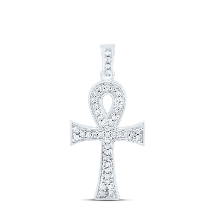 10kt White Gold Men's Diamond Ankh Cross Charm Pendant 1/5 ctw - view 3