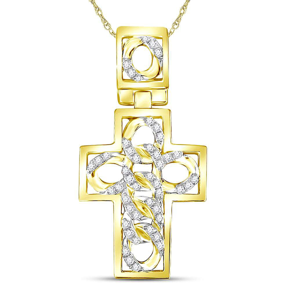 10kt Yellow Gold Men's Diamond Curb Link Cuban Cross Charm Pendant 1/3 ctw