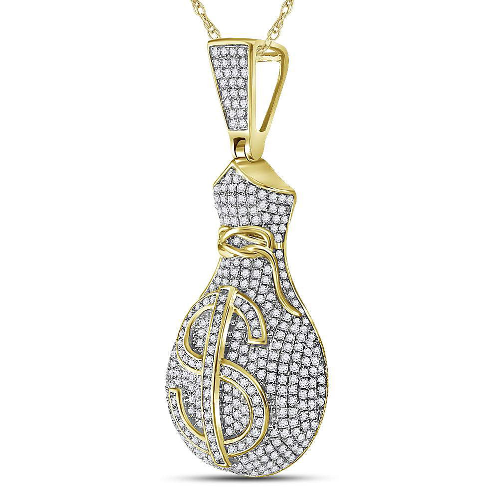 10kt Yellow Gold Men's Diamond Money Bag Dollar Sign Charm Pendant 1 ctw