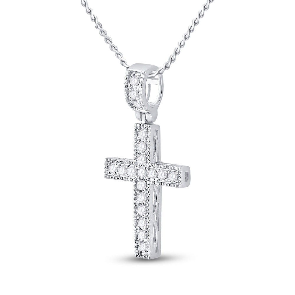 14kt White Gold Women's Diamond Milgrain Cross Faith Pendant 1/5 ctw