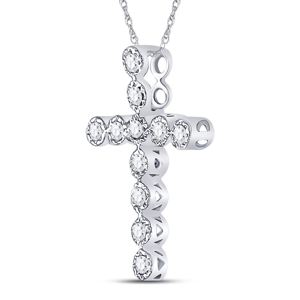 14kt White Gold Women's Diamond Paternoster Cross Faith Pendant 1/8 ctw