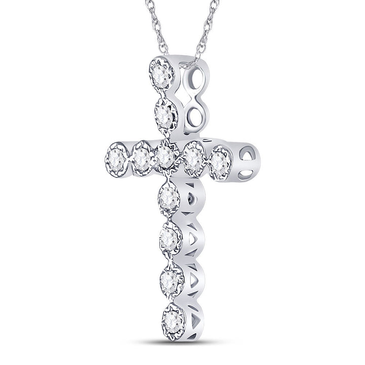 14kt White Gold Women's Diamond Paternoster Cross Faith Pendant 1/8 ctw