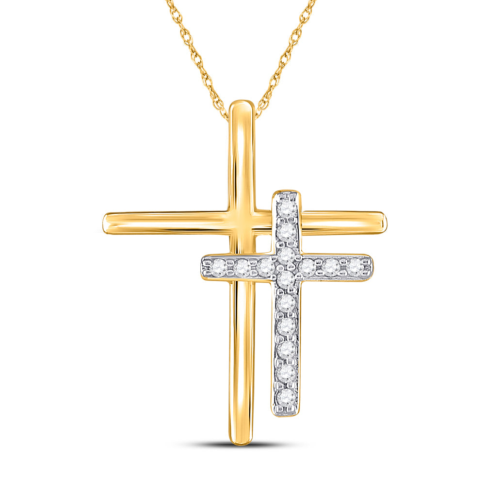 10kt Yellow Gold Women's Diamond Double Cross Pendant 1/10 ctw