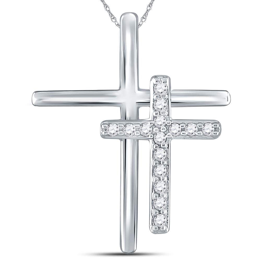 14kt White Gold Women's Diamond Double Cross Pendant 1/10 ctw - view 2