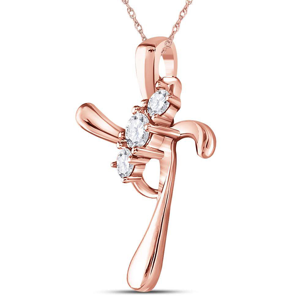14kt Rose Gold Women's Diamond 3-Stone Cross Faith Pendant 1/8 ctw - view 2