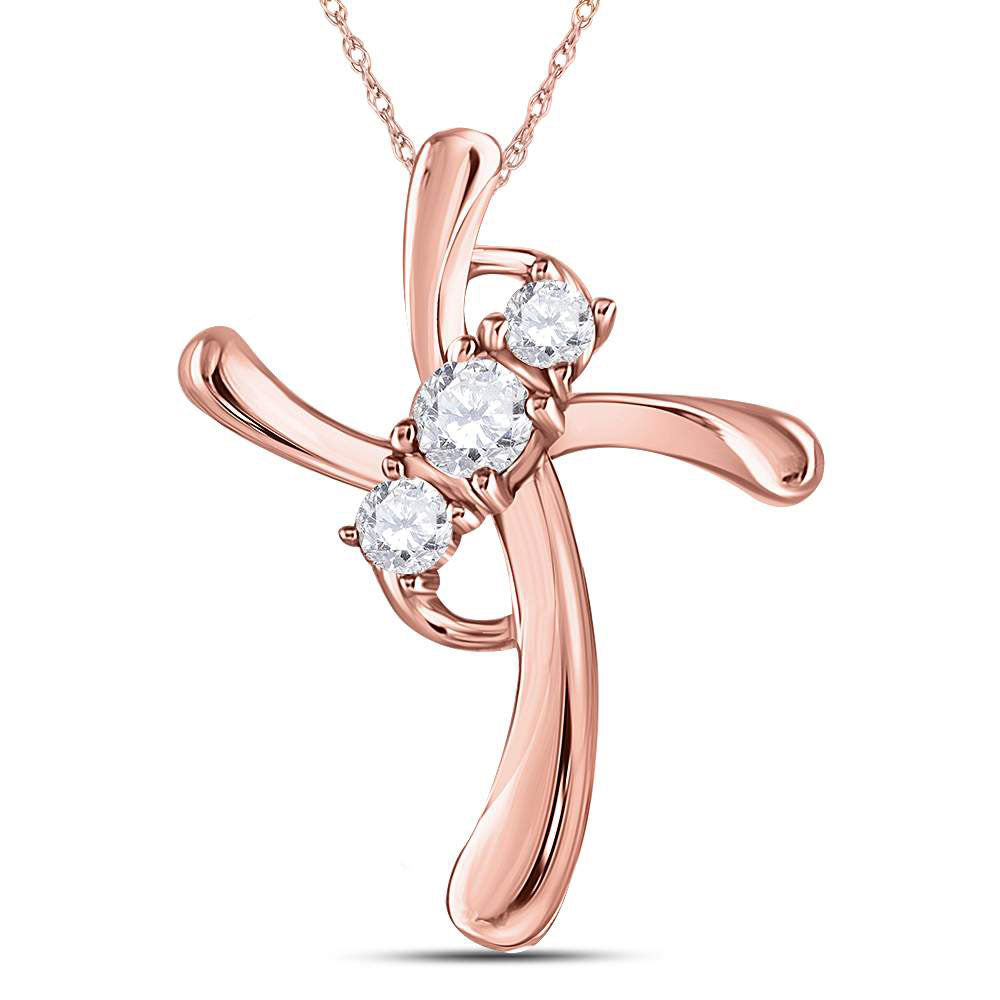 14kt Rose Gold Women's Diamond 3-Stone Cross Faith Pendant 1/8 ctw - view 3