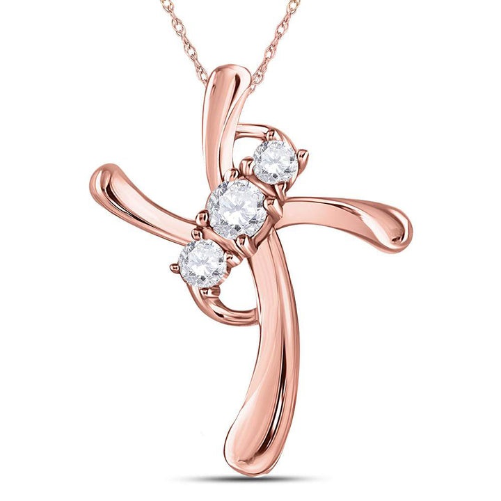 14kt Rose Gold Women's Diamond 3-Stone Cross Faith Pendant 1/8 ctw - view 3