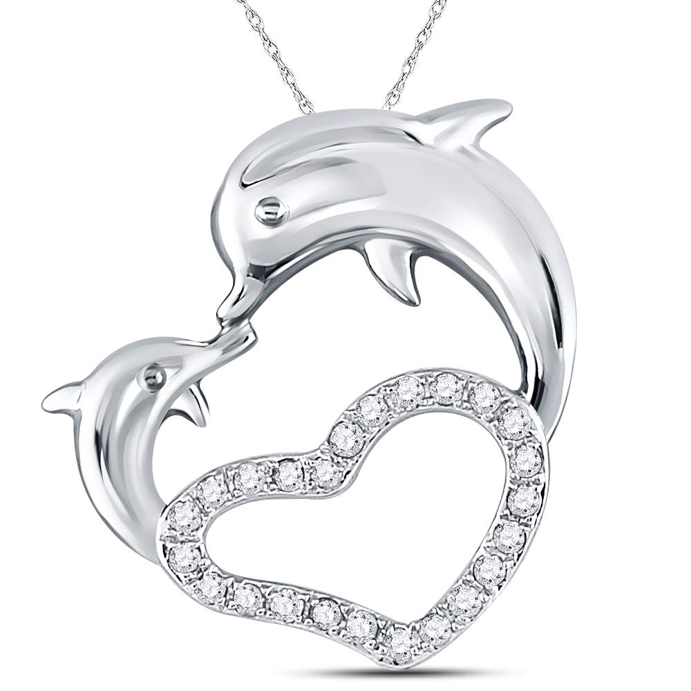 14kt White Gold Women's Diamond Double Dolphin Heart Pendant 1/6 ctw