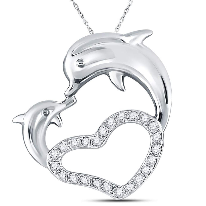 14kt White Gold Women's Diamond Double Dolphin Heart Pendant 1/6 ctw