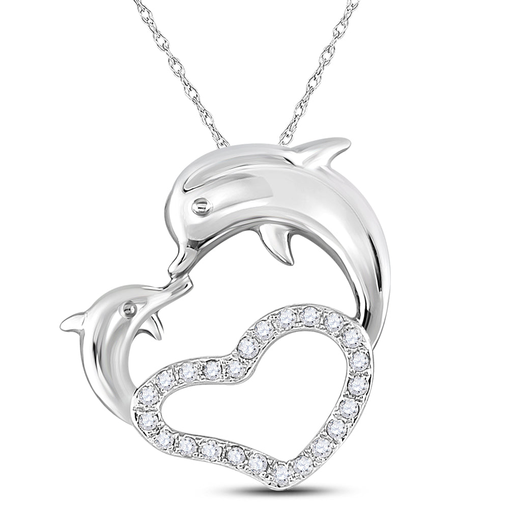 14kt White Gold Women's Diamond Double Dolphin Heart Pendant 1/6 ctw - view 2