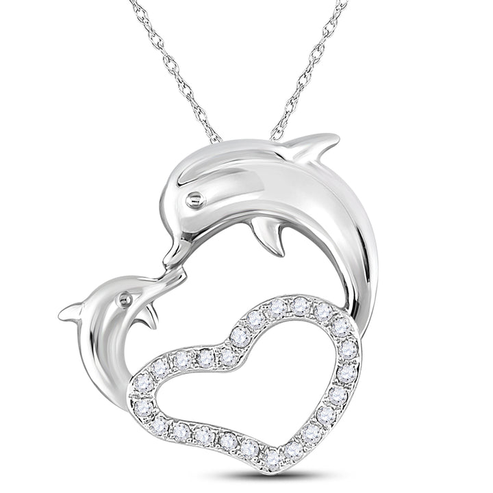 14kt White Gold Women's Diamond Double Dolphin Heart Pendant 1/6 ctw - view 2