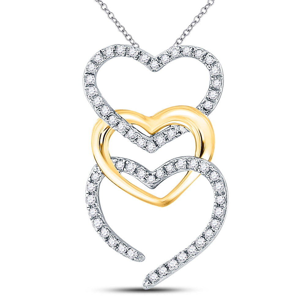 10kt Two-tone Gold Women's Diamond Triple Cascading Heart Pendant 1/6 ctw