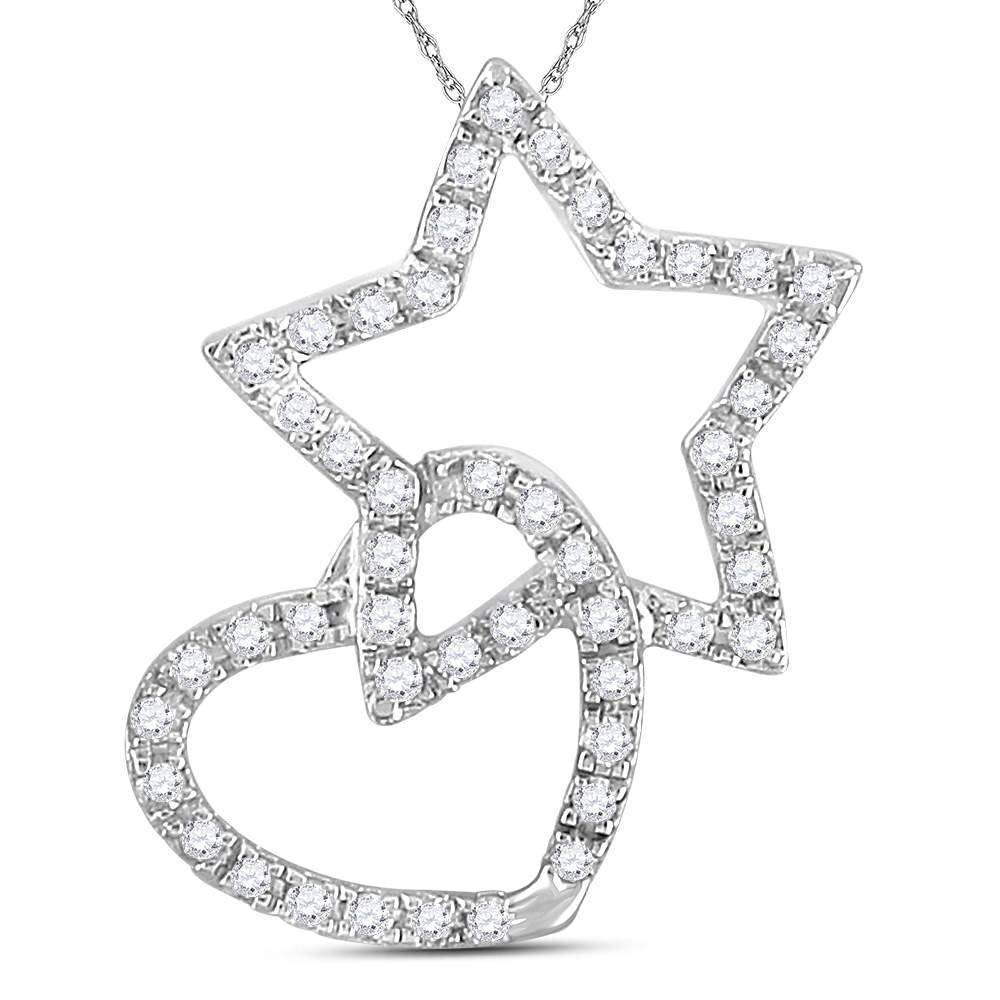 14kt White Gold Women's Diamond Linked Star Heart Pendant 1/8 ctw