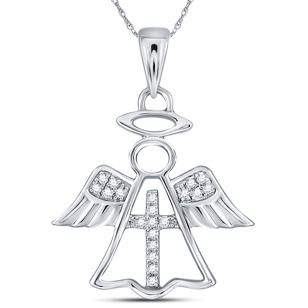 14kt White Gold Women's Diamond Angel Cross Religious Pendant 1/20 ctw