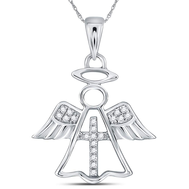 14kt White Gold Women's Diamond Angel Cross Religious Pendant 1/20 ctw