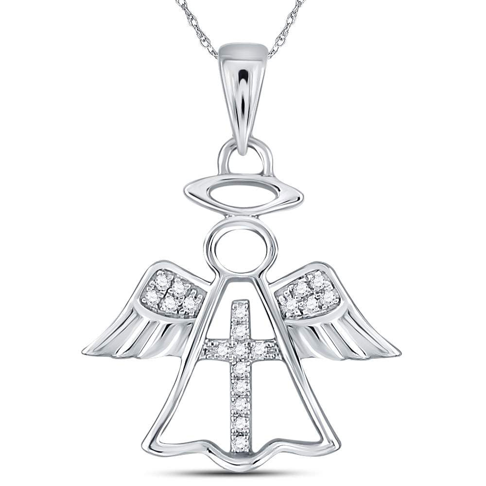 14kt White Gold Women's Diamond Angel Cross Religious Pendant 1/20 ctw - view 2