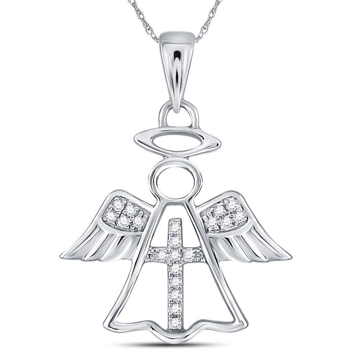 14kt White Gold Women's Diamond Angel Cross Religious Pendant 1/20 ctw - view 2