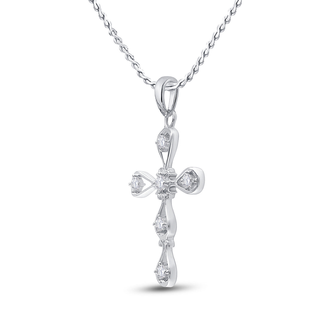 10kt White Gold Women's Diamond Scalloped Cross Faith Pendant 1/12 ctw