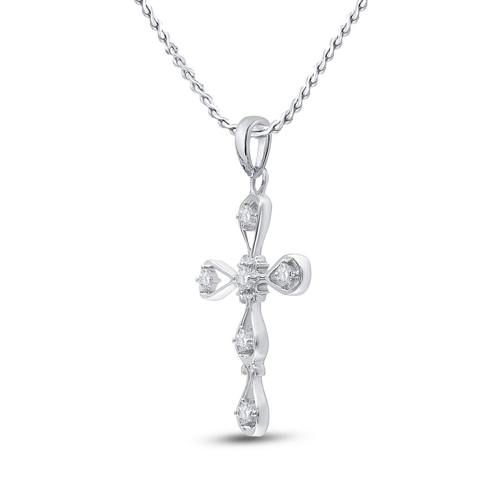 10kt White Gold Women's Diamond Scalloped Cross Faith Pendant 1/12 ctw