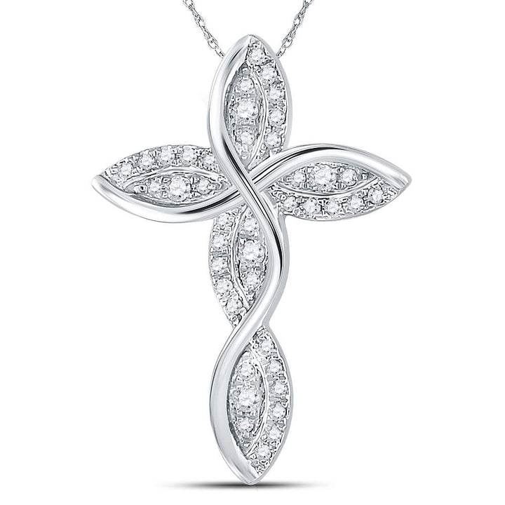 14kt White Gold Women's Diamond Contoured Wavy Cross Pendant 1/6 ctw