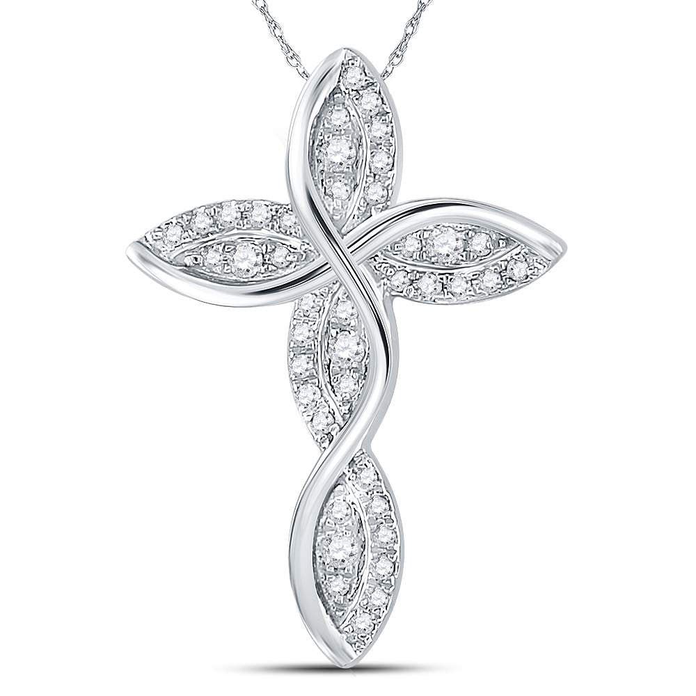 14kt White Gold Women's Diamond Contoured Wavy Cross Pendant 1/6 ctw - view 2