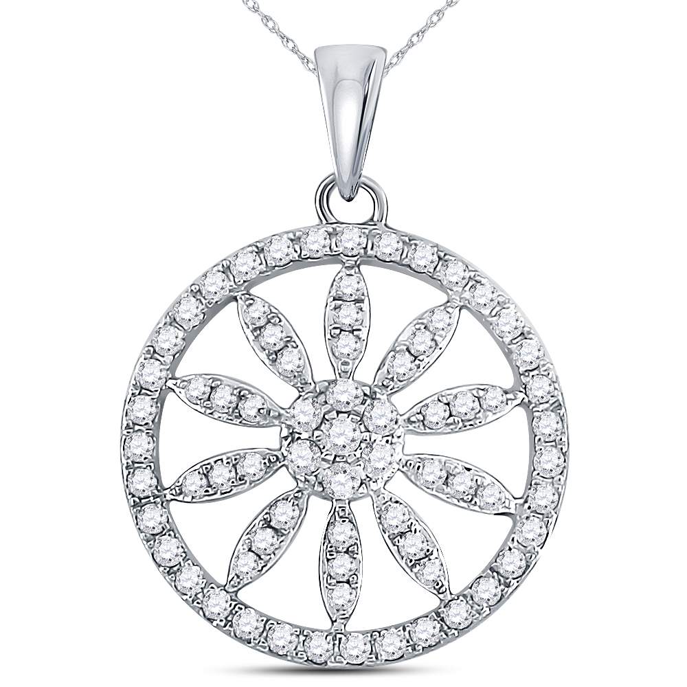 14kt White Gold Women's Diamond Starburst Flower Circle Pendant 5/8 ctw