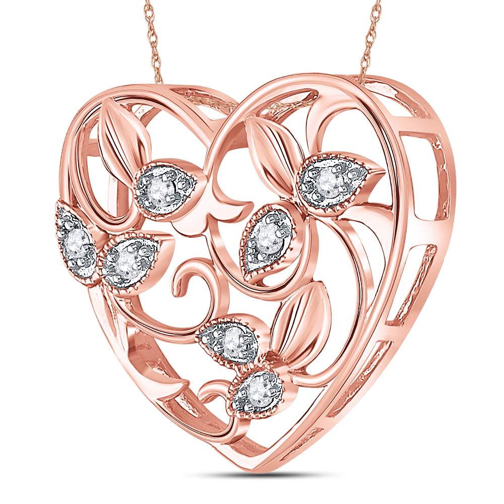 14kt Rose Gold Women's Diamond Floral Heart Pendant 1/6 ctw