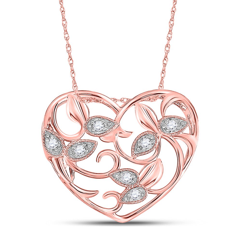 14kt Rose Gold Women's Diamond Floral Heart Pendant 1/6 ctw - view 3