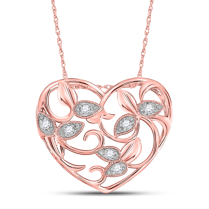 14kt Rose Gold Women's Diamond Floral Heart Pendant 1/6 ctw - view 3