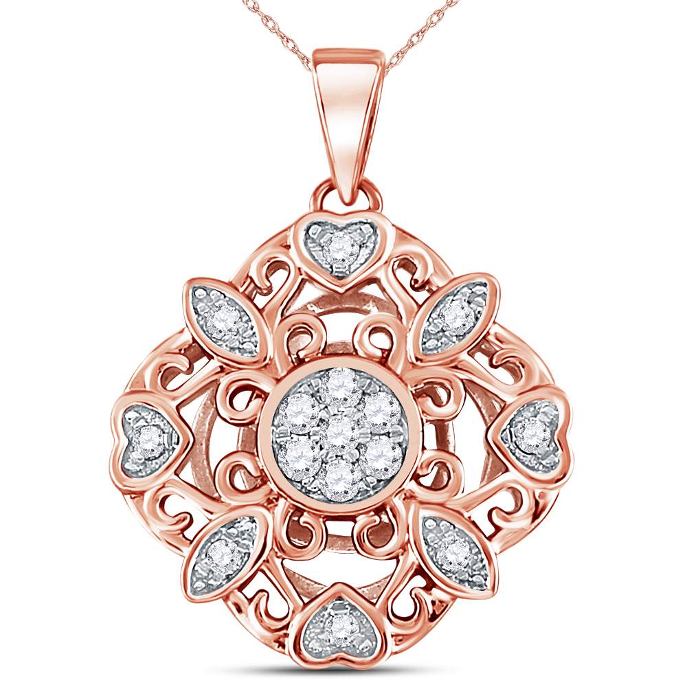 14kt Rose Gold Women's Diamond Diagonal Square Heart Cluster Pendant 1/4 ctw