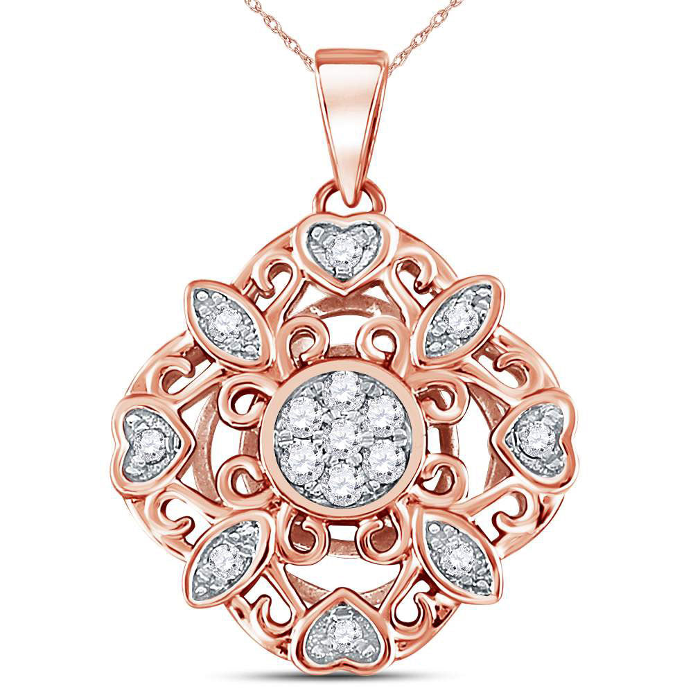 14kt Rose Gold Women's Diamond Diagonal Square Heart Cluster Pendant 1/4 ctw - view 2