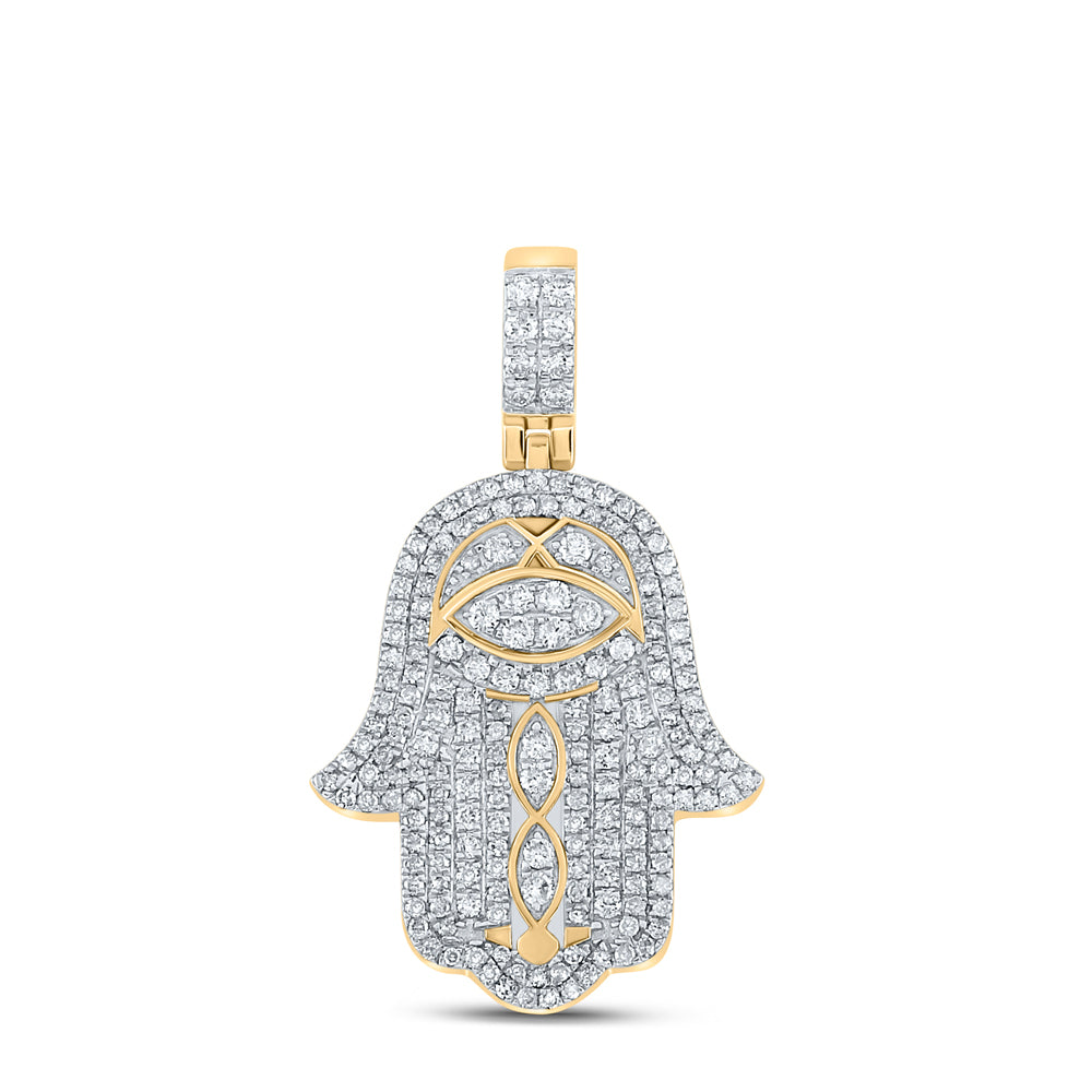 10kt Yellow Gold Men's Diamond Hamsa Hand Charm Pendant 1-1/2 ctw