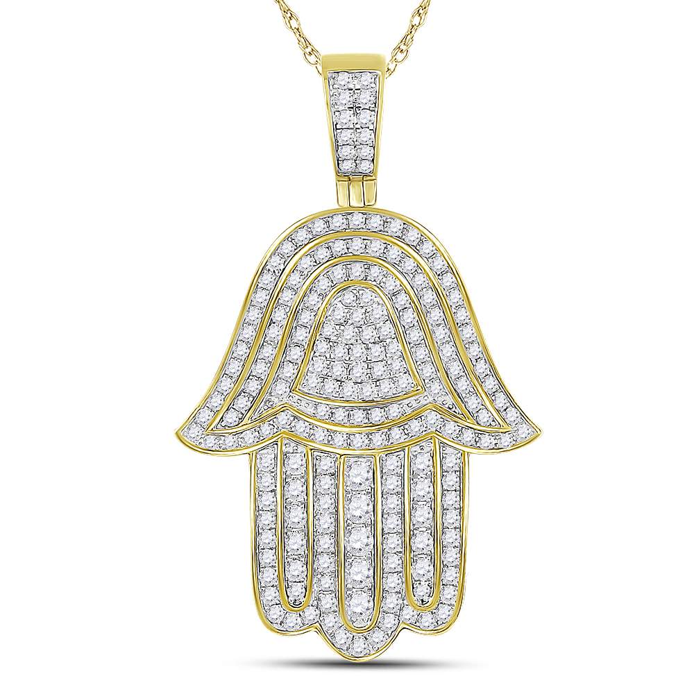 10kt Yellow Gold Men's Diamond Hamsa Hand Charm Pendant 1-3/4 ctw