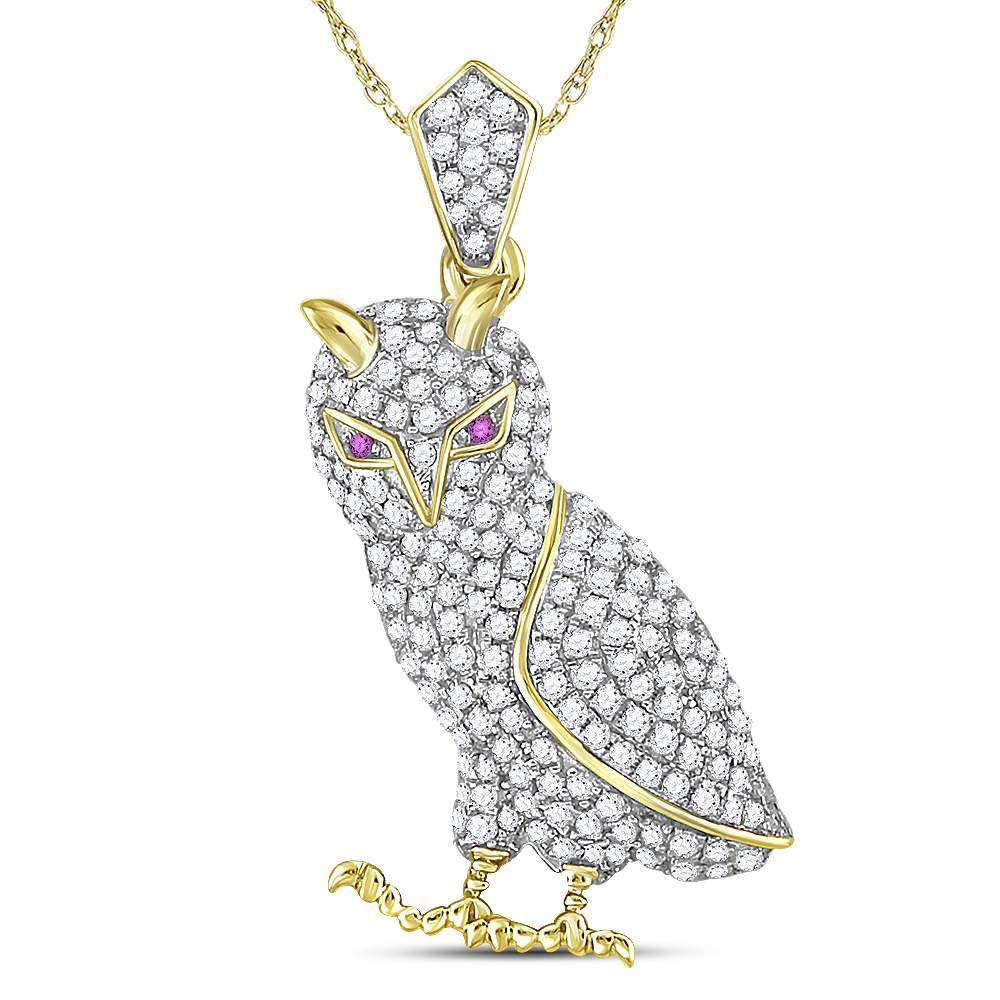 10kt Yellow Gold Men's Diamond Owl Bird Animal Charm Pendant 1 ctw