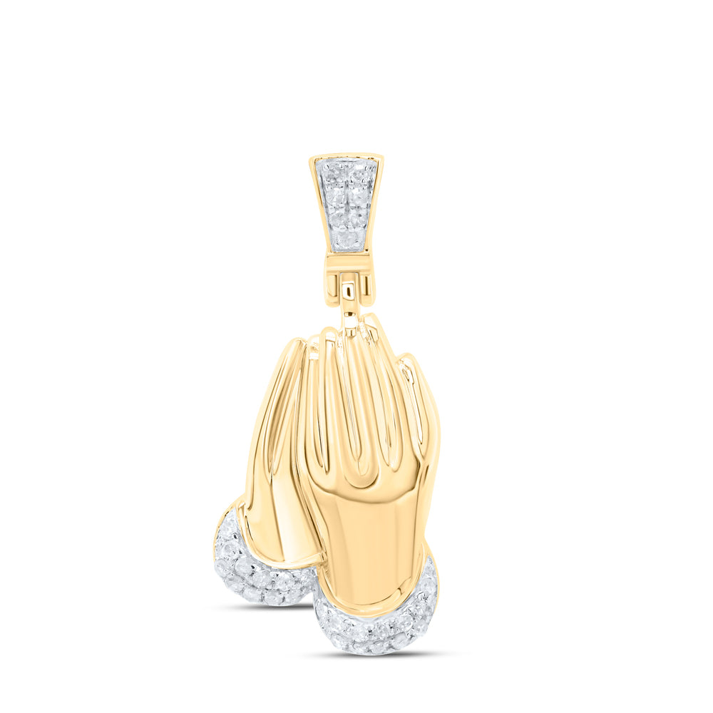 10kt Yellow Gold Men's Diamond Praying Hands Charm Pendant 1/6 ctw - view 2