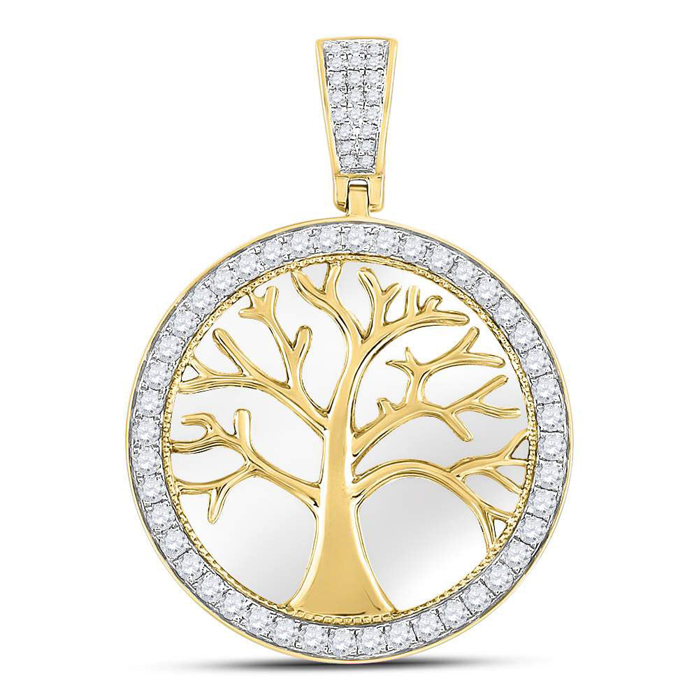 10kt Yellow Gold Men's Diamond Tree of Life Circle Charm Pendant 3/4 ctw