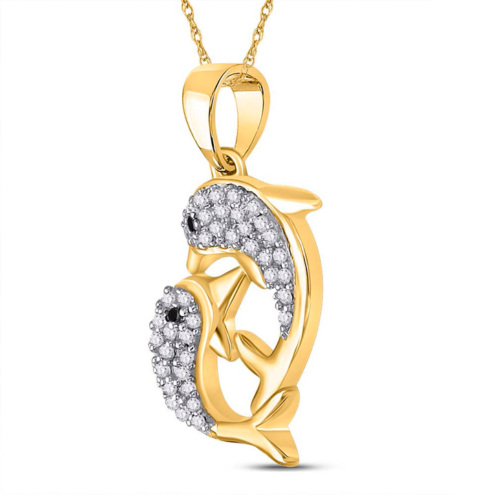 10kt Yellow Gold Women's Diamond Double Dolphin Animal Pendant 1/3 ctw - view 3